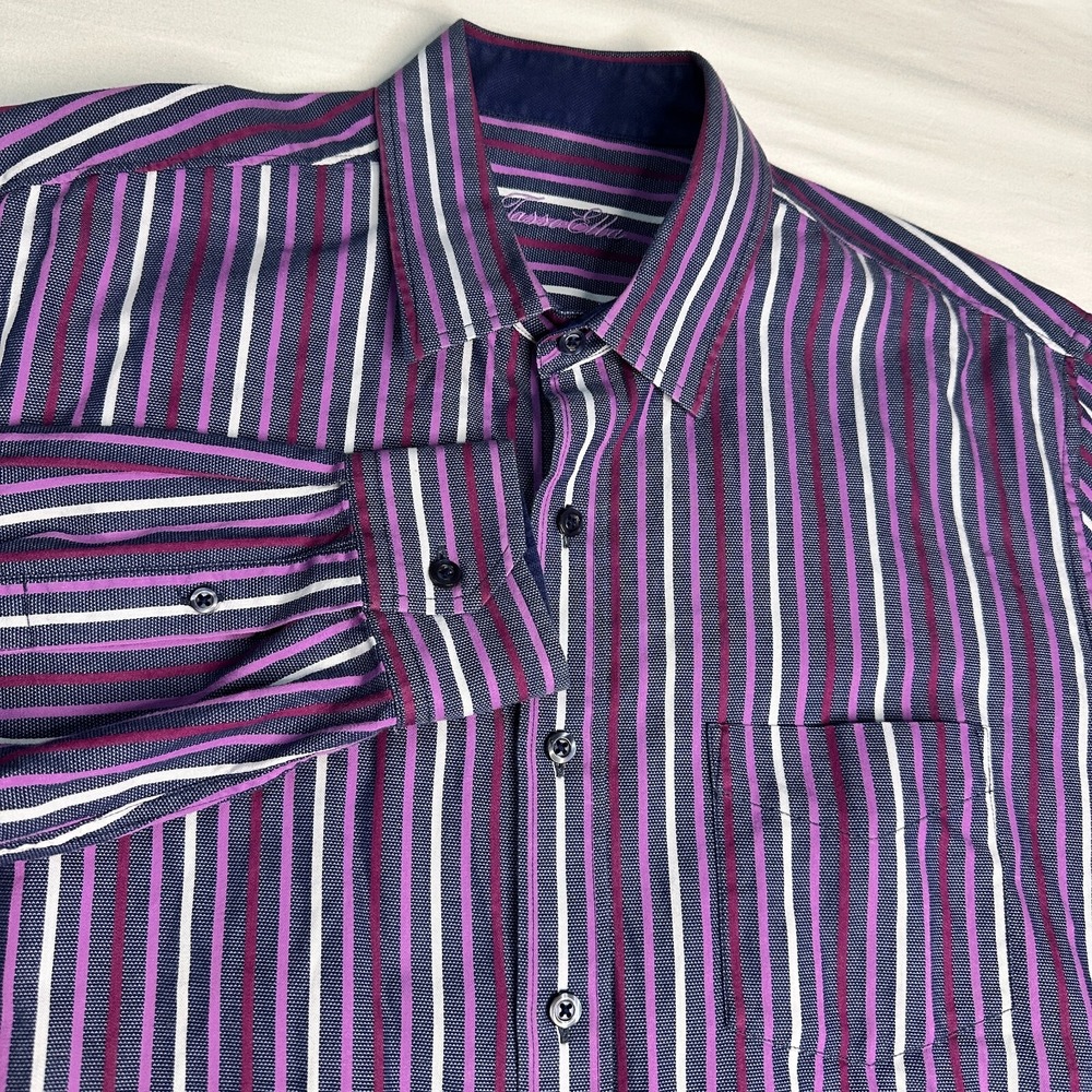 Tasso Elba Mens BluePurple Striped Long Sleeve Button Down Dress Shirt L 16-16.5